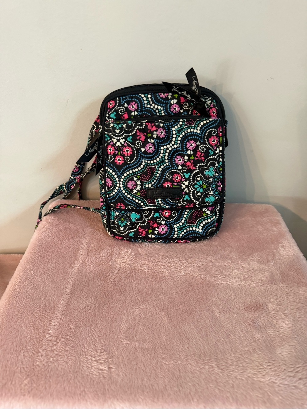 Vera Bradley Disney Black Floral Dot-Print Crossbody with Pink & Teal Accents